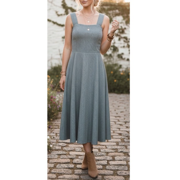 nine britton Dresses & Skirts - Nine Britton Stitch Fix Sleeveless Square Neck Ribbed Midi Dress Blue Sz Medium